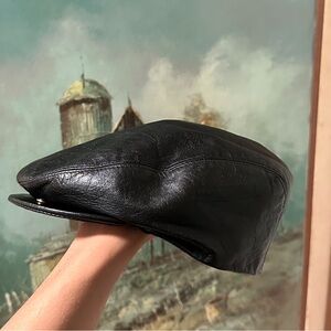 Vintage Black Leather Newsboy Ascot Cabbie Cap